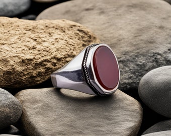 Natural Red Onyx Ring, 925 Sterling Silver Ring, Red Onyx Men's Ring, Promise Ring, Gift For Him