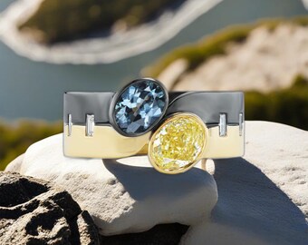 Natural Citrine & London Blue Topaz Ring, 925 Sterling Silver, Baguette Diamond Ring, Wedding Band Ring, Gold and Black Band