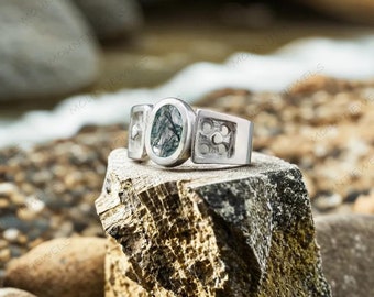 Natural Moss Agate Ring, 925 Sterling Silver Ring, Moss Agate Men Women Ring, Statement Ring