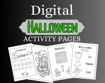 May include: Four black and white printable Halloween activity pages. The pages include a letter practice page with the word "Spider", a coloring page with a stitched-up scarecrow, a word search puzzle, and a match the word page with a ghost, a pumpkin, and a bat.