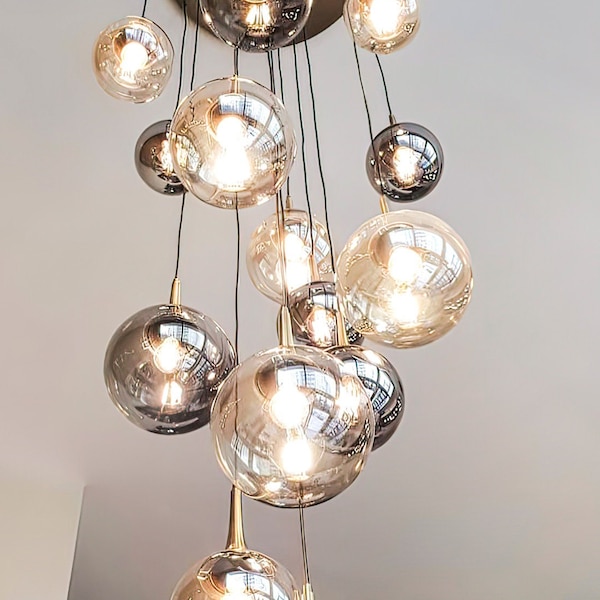 Modern Chandelier Light for Stairway,Staircase Chandelier, Foyer Chandelier Lighting,Multi Globe Heads Chandelier, Glass Globe Pendant Lamp