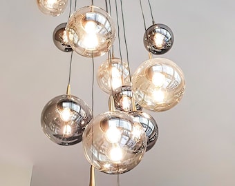 Modern Chandelier Light for Stairway,Staircase Chandelier, Foyer Chandelier Lighting,Multi Globe Heads Chandelier, Glass Globe Pendant Lamp