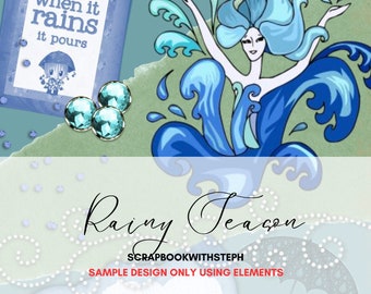 Rainy Day Melodies: 100 Rain-Themed Elements in Multiple Sizes, Junk journal kit, Scrapbooking kit,Digital download,8.5x11,Pdf format