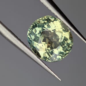 May include: A light green oval-shaped gemstone with a faceted cut. The gemstone is held by tweezers.