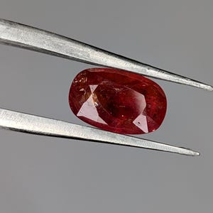 Könnte beinhalten: Ein facettierter, ovalförmiger, tiefroter Edelstein wird von einer silbernen Pinzette vor einem grauen Hintergrund gehalten. Der Edelstein hat mehrere Facetten, die das Licht reflektieren und einen funkelnden Effekt erzeugen. Die Pinzette ist so positioniert, dass sie den Edelstein sicher hält.