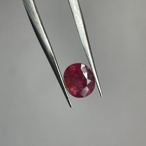 Könnte beinhalten: Ein facettierter, oval geformter Rubin-Edelstein, der von einer silbernen Pinzette gehalten wird. Der Rubin zeigt eine tiefrote Farbe mit sichtbaren inneren Strukturen. Der Hintergrund ist einfarbig hellgrau.