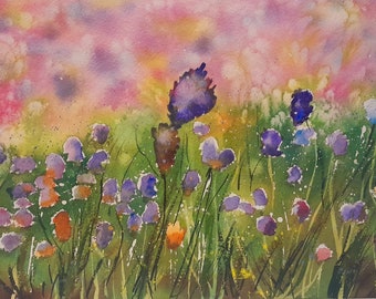 Spring, wildflowers. Original hand-painted watercolor (not a print).