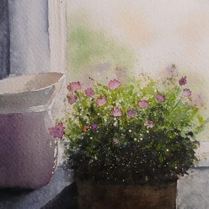 Finestra con fiori, primavera. Acquerello dipinto a mano (non è una stampa)