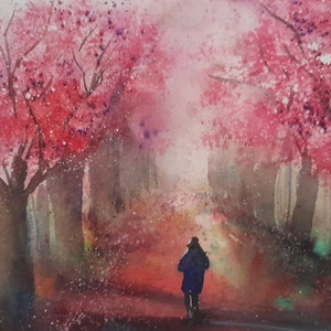 Passeggiata mattutina. Atmosferico acquerello dipinto a mano (non è una stampa)
