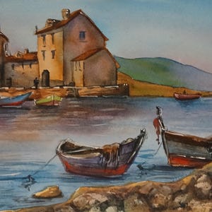 Villaggio di pescatori. Acquerello dipinto a mano (non è una stampa)
