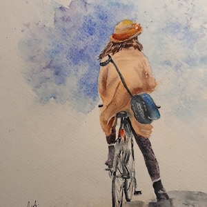 Ragazza in bicicletta. Atmosferico acquerello dipinto a mano (non è una stampa).