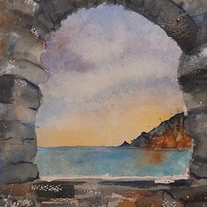 Una finestra sul mare, Grotta Byron a Porto Venere (Liguria) Acquerello originale dipinto a mano (non è una stampa)