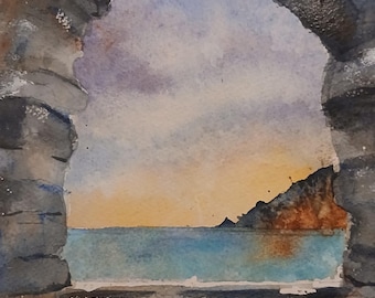 A window on the sea, Byron Cave in Porto Venere (Liguria) Original hand painted watercolor (not a print)