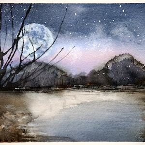 Moonlight. Acquerello originale dipinto a mano (non è una stampa). Semi astratto realizzato con materiali di alta qualità