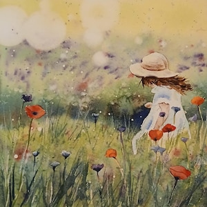Bambina che corre in un campo di fiori selvatici. Acquerello originale (non è una stampa).