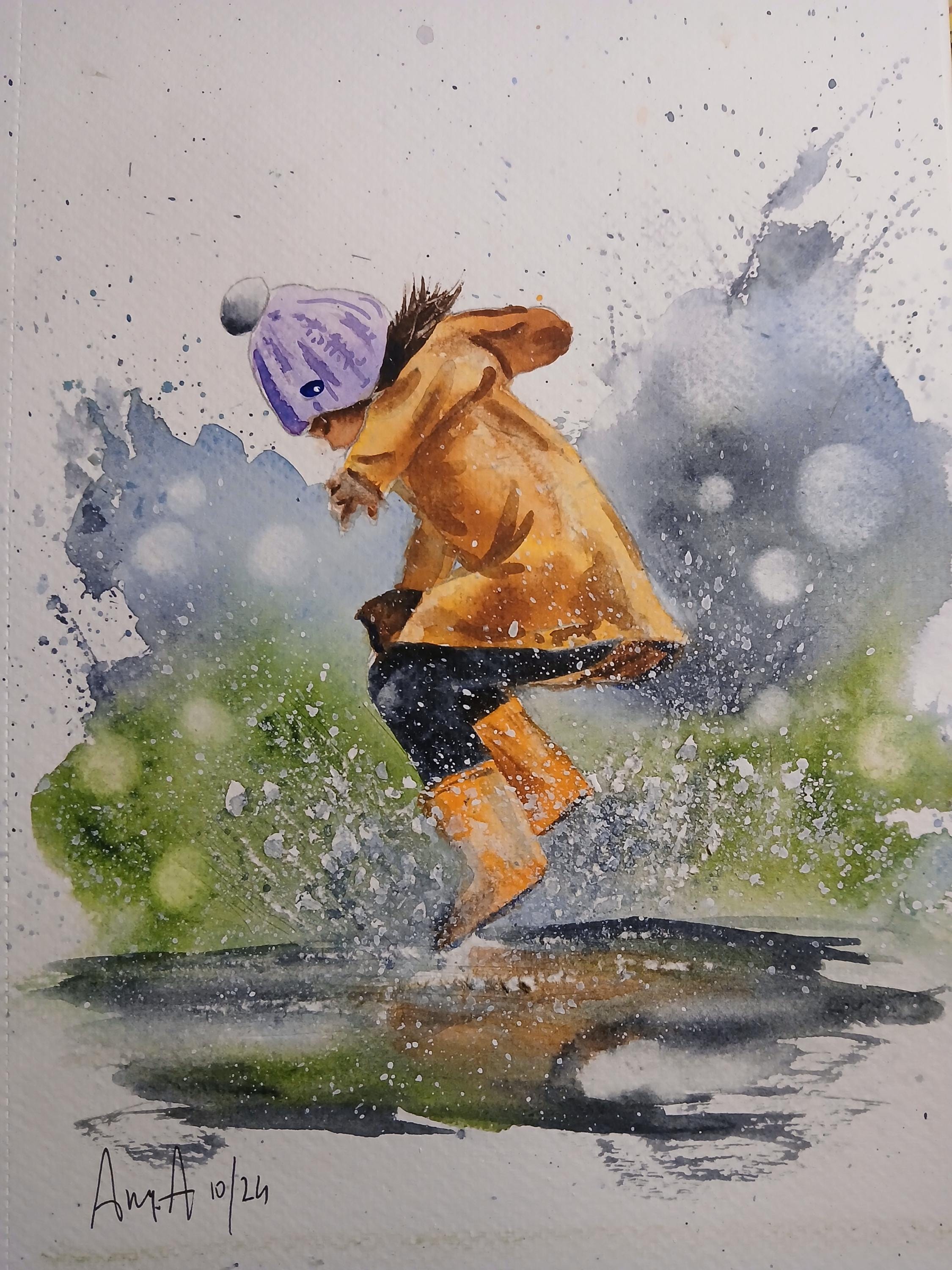 Little Girl Jumping in a Puddle. Hand Painted Watercolor (not a
