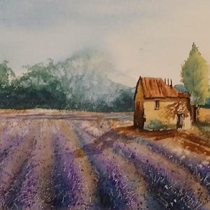 Campo di lavanda Acquerello dipinto a mano (non è una stampa)
