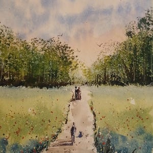 Passeggiata primaverile. Atmosferico acquerello dipinto a mano (non è una stampa).