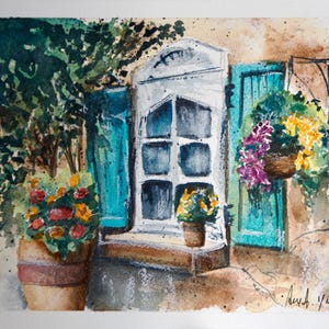 Finestra con fiori, primavera. Acquerello dipinto a mano (non è una stampa)