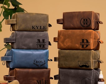 Leather Dopp Kit for Men – Personalized Mens Toiletry Bag, Custom Engraved Travel Shaving Bag