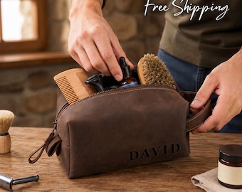 Personalized Leather Toiletry Bag - Custom Travel Dopp kit - Graduation / Anniversary / Birthday Gift - For Him / Husband / Dad / Groomsmen