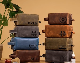 Mens Toiletry Bag – Leather Dopp Kit, Personalized Travel Grooming Bag, Custom Engraved