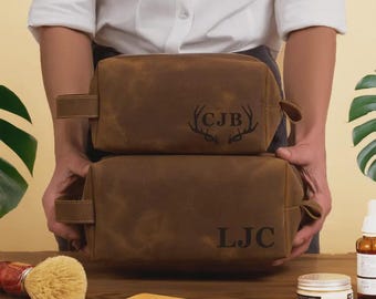 Leather Dopp Kit for Men: Engraved Toiletry Bag, Shaving Grooming Organizer, Personalized Travel Case