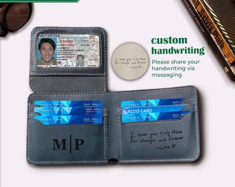 Personalized Wallet – Custom Handwriting Engraved Leather Bifold, Mens Minimalist Card Holder