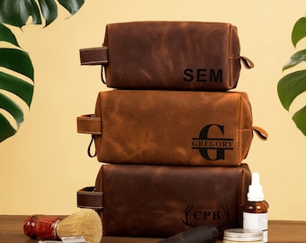 Leather Dopp Kit for Men, Personalized Mens Toiletry Bag, Custom Engraved Travel Shaving Bag