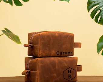 Leather Toiletry Bag for Men: Personalized Full Grain Dopp Kit, Engraved Grooming Organizer