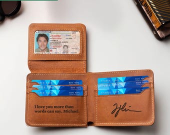 RFID Leather Wallet – Personalized Handwriting Engraved Bifold, Mens Slim Card Holder