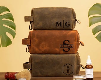 Leather Dopp Kit for Men – Personalized Toiletry Bag, Custom Engraved Travel Shaving Bag