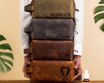 Mens Leather Dopp Kit: Personalized Toiletry Bag, Engraved Grooming Bag Gift