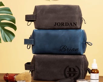 Leather Dopp Kit for Men – Minimalist Personalized Toiletry Organizer, Custom Engraved Travel Shaving Bag