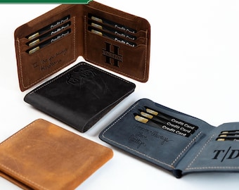 Mens Bifold Wallet RFID Leather Wallet Personalized Slim Card Holder Custom Engraved