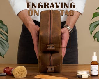 Mens Toiletry Bag – Personalized Leather Dopp Kit, Custom Engraved Travel Grooming Organizer