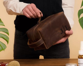 Leather Dopp Kit: Personalized Mens Travel Toiletry Bag, Custom Engraved Grooming Bag