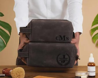 Leather Dopp Kit for Men: Custom Engraved Toiletry Bag, Full Grain Leather Shaving Organizer