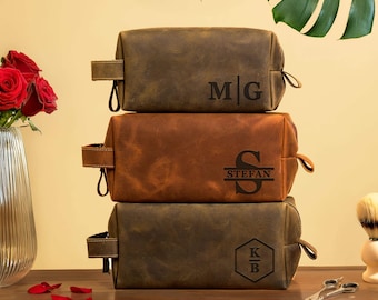 Leather Dopp Kit for Men: Luxury Toiletry Organizer, Custom Engraved Travel Shaving Bag