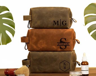 Leather Shave Kit for Men – Personalized Dopp Kit, Custom Toiletry Bag, Mens Grooming Bag