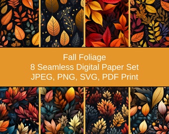 Seamless Fall Foliage Patterns - Autumn Leaves Digital Designs for Wallpaper, Fabric, Gift Wrap - Instant Download, JPEG, PNG, SVG