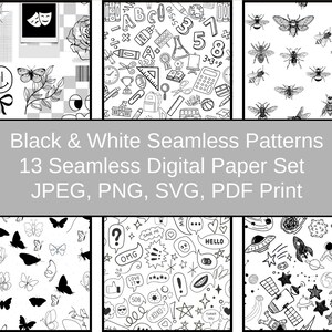 May include: A set of 13 black and white seamless patterns featuring various designs, including butterflies, flowers, school supplies, bees, and space-themed elements. The patterns are ideal for digital paper, scrapbooking, and other creative projects.