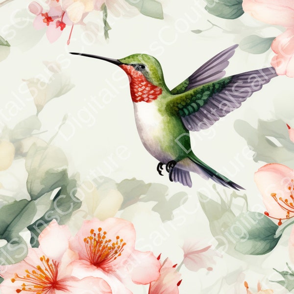 Watercolor-Style Hummingbird & Floral Pattern: Unique Seamless Design for Wallpaper, Fabric, Gift Wrap - Instant Download, JPEG, PNG, SVG