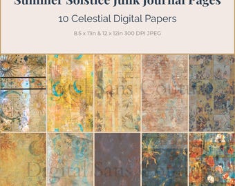 Summer Solstice Junk Journal Kit – 10 Celestial Digital Papers, Sun and Moon Printables, Vintage Ephemera, Scrapbook Paper, Digital Download