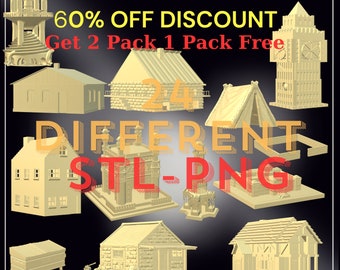 May include: A collection of 24 different 3D printable STL files for houses and buildings. The image shows a variety of styles, including a castle, a church, a cottage, and a tower. The text on the image reads "60% OFF DISCOUNT Get 2 Pack 1 Pack Free 24 DIFFERENT STL-PNG HTTPS://STLHOUSECRAFTS.ETSY.COM"