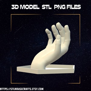 Op de afbeelding: Een 3D-model van een gebroken witte hand die uit een zeshoekige basis komt, met de tekst 3D MODEL STL PNG FILES bovenaan en HTTPS://STLHOUSECRAFTS.ETSY.COM onderaan, tegen een donkerblauwe sterrenhemel.