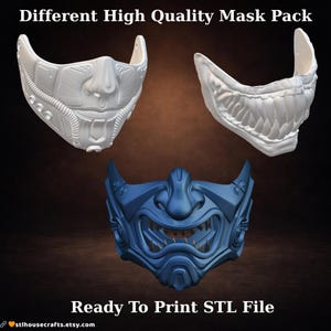 May include: Three different high-quality mask designs. The masks are white and blue, with intricate details. The text "Different High Quality Mask Pack" and "Ready To Print STL File" are displayed.