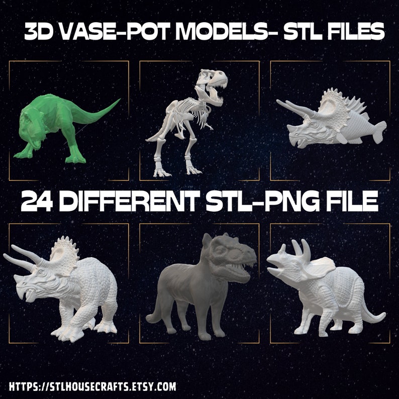 May include: A digital download of 24 3D printable STL files for vases and pots. The image shows a green dinosaur, a dinosaur skeleton, a white dinosaur, a gray dog, and a white dinosaur with horns. The text on the image reads "3D VASE-POT MODELS-STL FILES" and "24 DIFFERENT STL-PNG FILE".