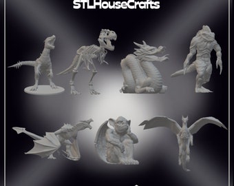 May include: A collection of 3D printed miniature figures, including a dragon, a gargoyle, a dinosaur skeleton, and a creature with wings. The figures are all in a gray color and are posed in various positions. The text "STLHouseCrafts" is at the top of the image, and the website address "https://stlhousecrafts.etsy.com" is at the bottom.