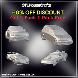 May include: Four 3D printed car models in silver, including a Volkswagen Beetle, a Volkswagen Golf, a futuristic sports car, and a classic muscle car. The image includes the text "STLHouseCrafts 60% OFF DISCOUNT Get 2 Pack 1 Pack Free HTTPS://STLHOUSECRAFTS.ETSY.COM".